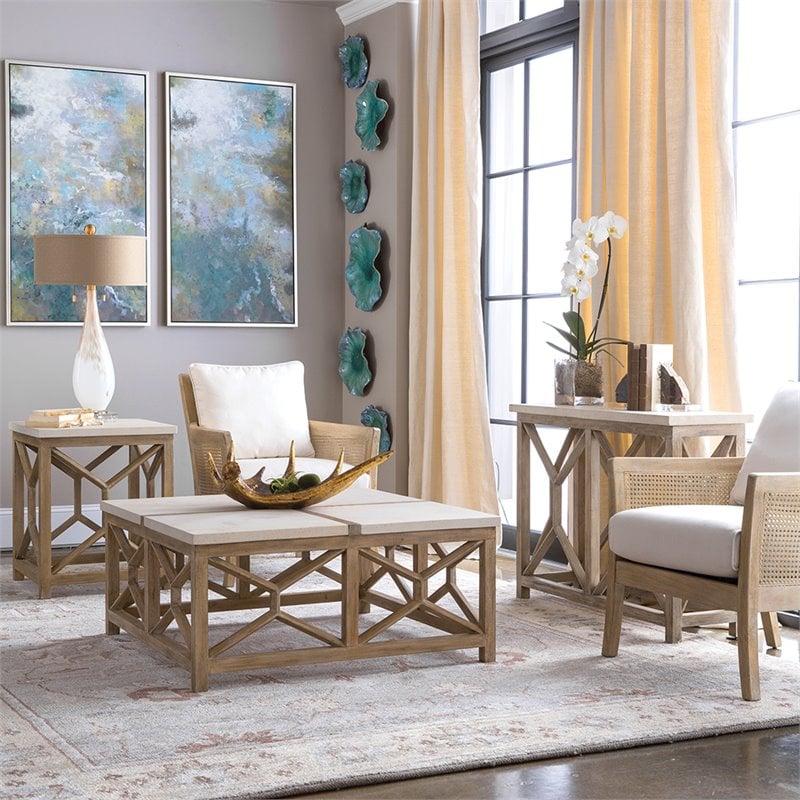Allora Mid-Century Stone Top Accent Console Table in Ivory and Oatmeal