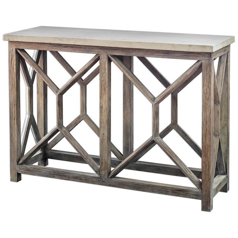 Allora Mid-Century Stone Top Accent Console Table in Ivory and Oatmeal
