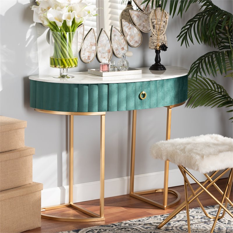 Allora Modern Gold Finish 1-Drawer Console Table with Faux Marble Tabletop