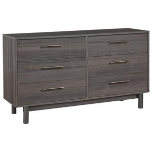Allora 6 Drawer Contemporary Wooden Dresser with Metal Bar Handles in Gray