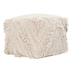 allora fabric pouf ottoman with woven design and fringe details in cream