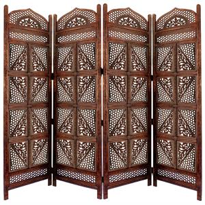 allora four panel wooden room divider with hand carved details in antique brown