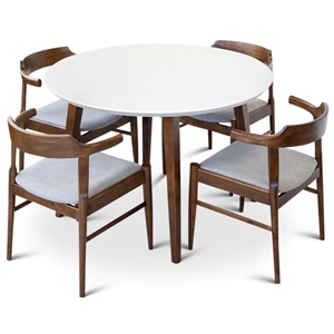 Allora 5-Piece Mid-Century round Dining Set w/ 4 Fabric dining chairs in Gray