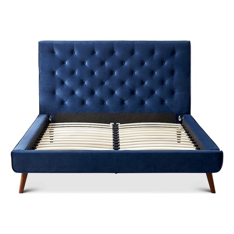 Allora Mid-Century Modern Velvet Upholstered Platform Bed Queen Size in Blue