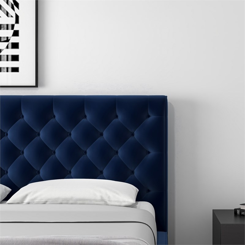 Allora Mid-Century Modern Velvet Upholstered Platform Bed Queen Size in Blue