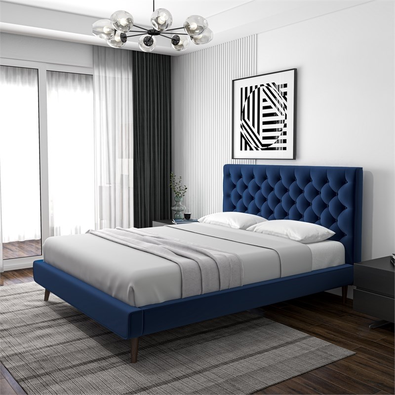 Allora Mid-Century Modern Velvet Upholstered Platform Bed Queen Size in Blue