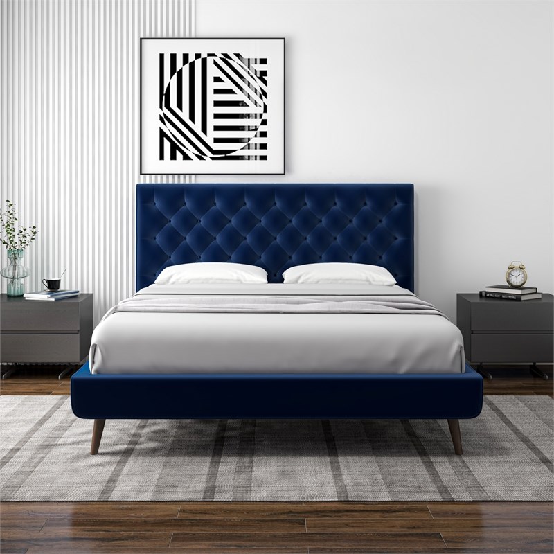 Allora Mid-Century Modern Velvet Upholstered Platform Bed Queen Size in Blue