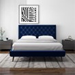 Allora Mid-Century Modern Velvet Upholstered Platform Bed Queen Size in Blue
