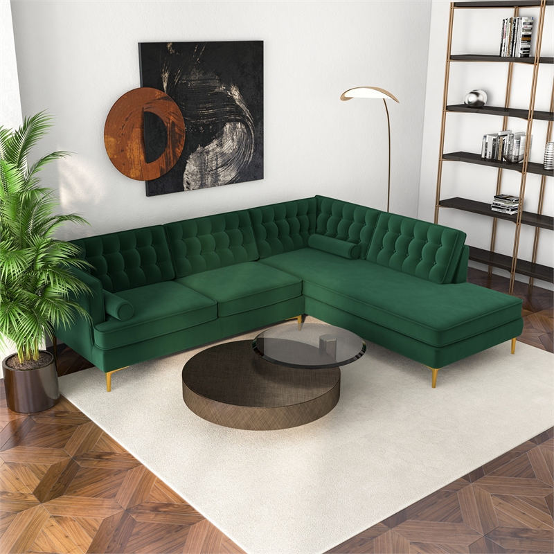 Allora Mid-Century L-Shaped Tufted Back Velvet right-facing Sectional in Green