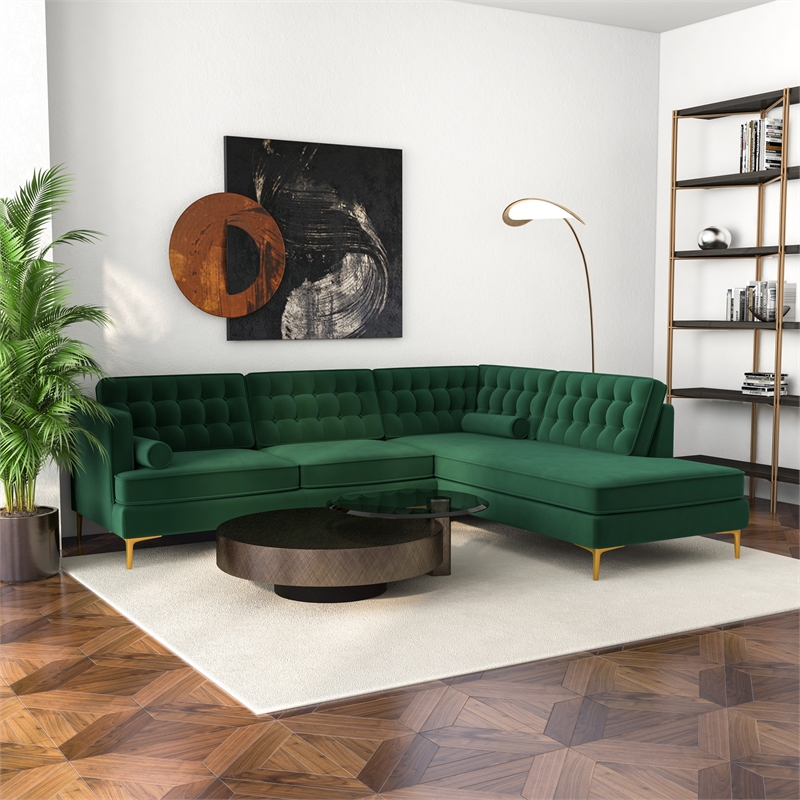 Allora Mid-Century L-Shaped Tufted Back Velvet right-facing Sectional in Green