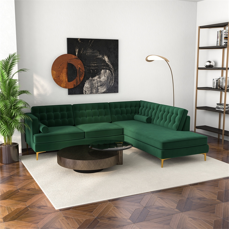 Allora Mid-Century L-Shaped Tufted Back Velvet right-facing Sectional in Green