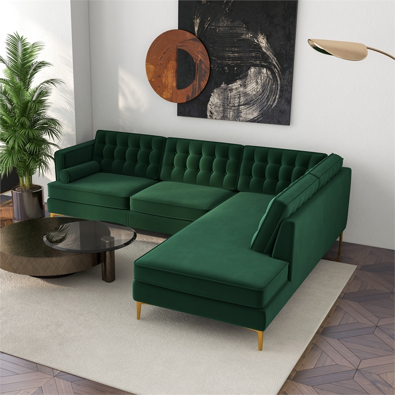 Allora Mid-Century L-Shaped Tufted Back Velvet right-facing Sectional in Green