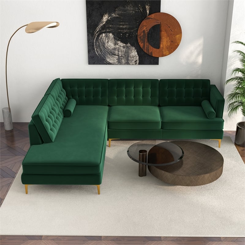 Allora Mid-Century Tufted Cushion Back Velvet left-facing Sectional in Green