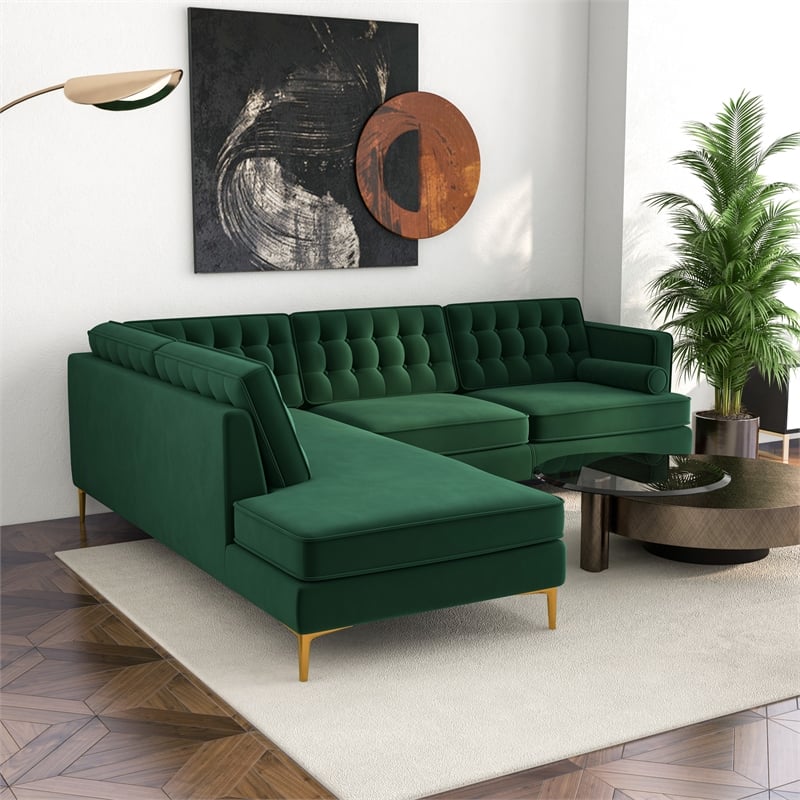 Allora Mid-Century Tufted Cushion Back Velvet left-facing Sectional in Green