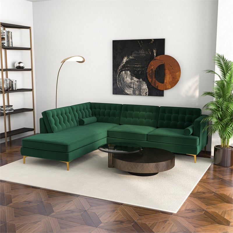 Allora Mid-Century Tufted Cushion Back Velvet left-facing Sectional in Green