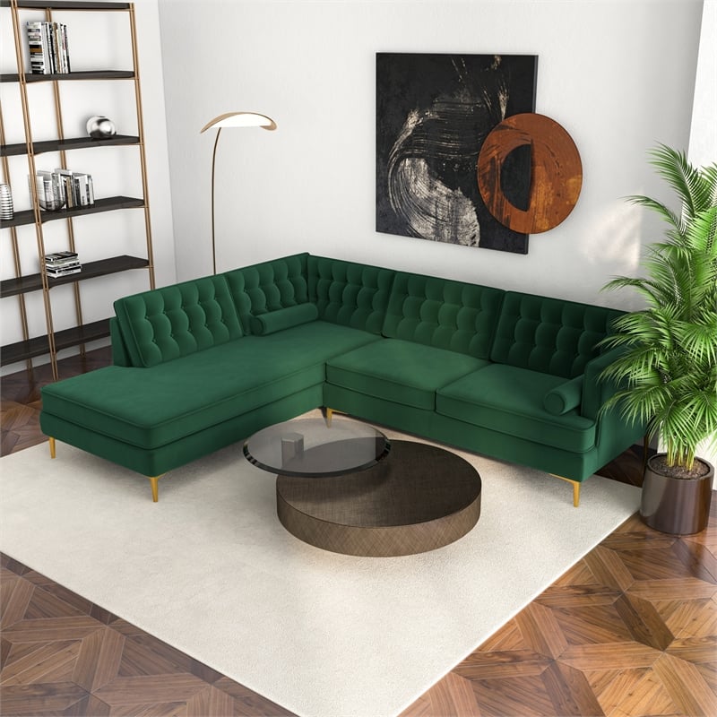 Allora Mid-Century Tufted Cushion Back Velvet left-facing Sectional in Green