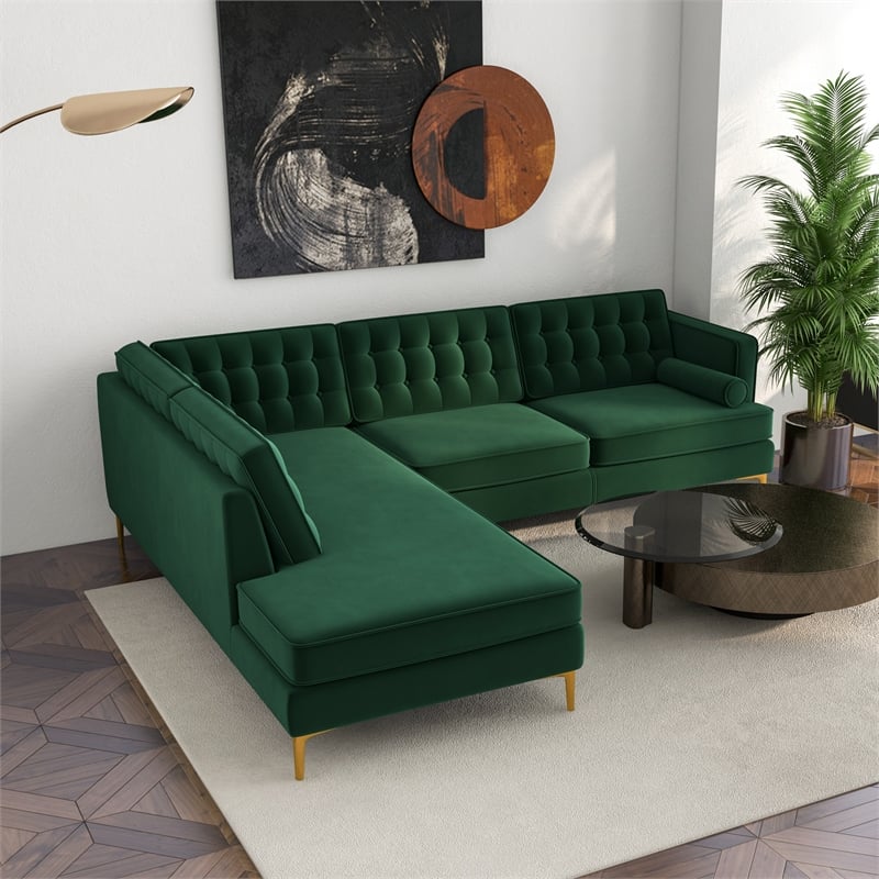 Allora Mid-Century Tufted Cushion Back Velvet left-facing Sectional in Green