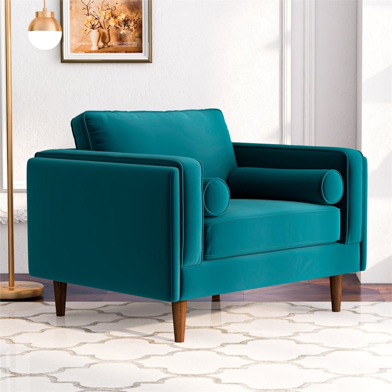 Allora Mid-Century Pillow Back Velvet Upholstered Armchair in Teal