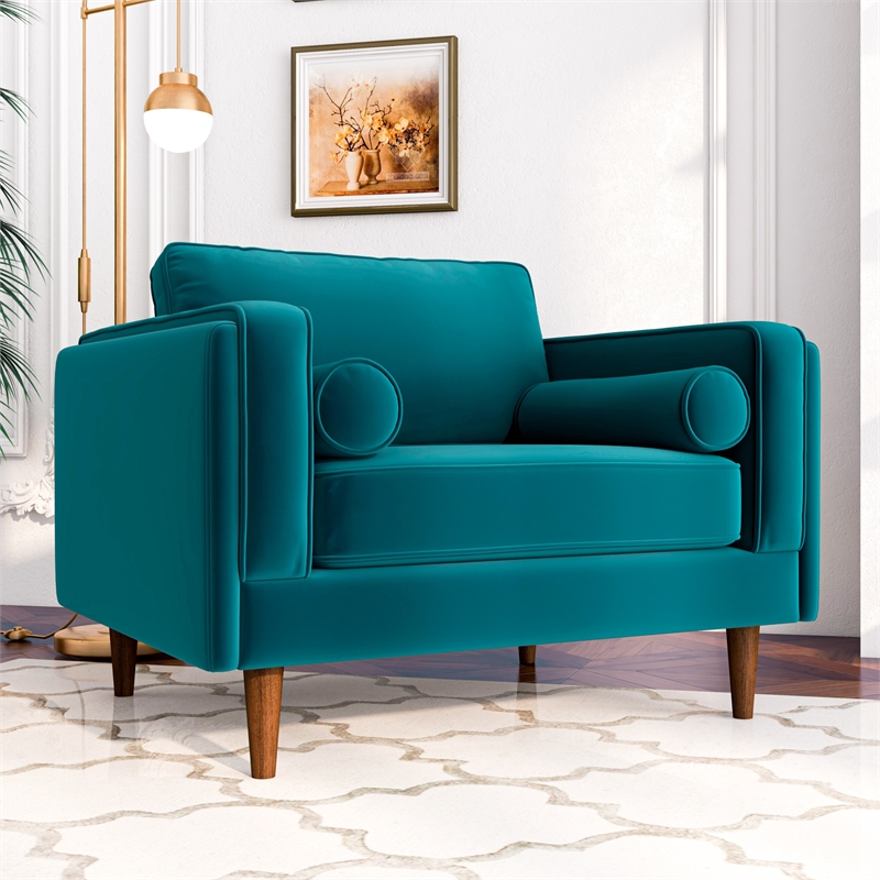 Allora Mid-Century Pillow Back Velvet Upholstered Armchair in Teal