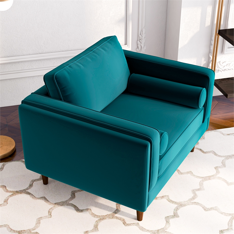 Allora Mid-Century Pillow Back Velvet Upholstered Armchair in Teal