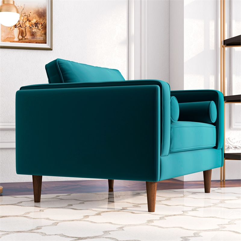 Allora Mid-Century Pillow Back Velvet Upholstered Armchair in Teal