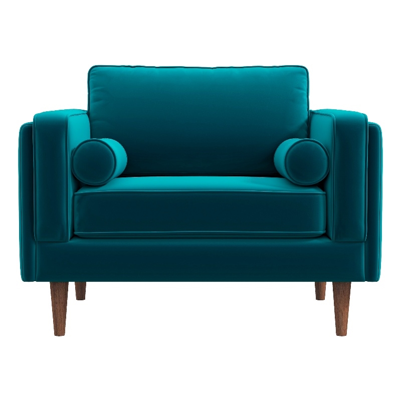 Allora Mid-Century Pillow Back Velvet Upholstered Armchair in Teal