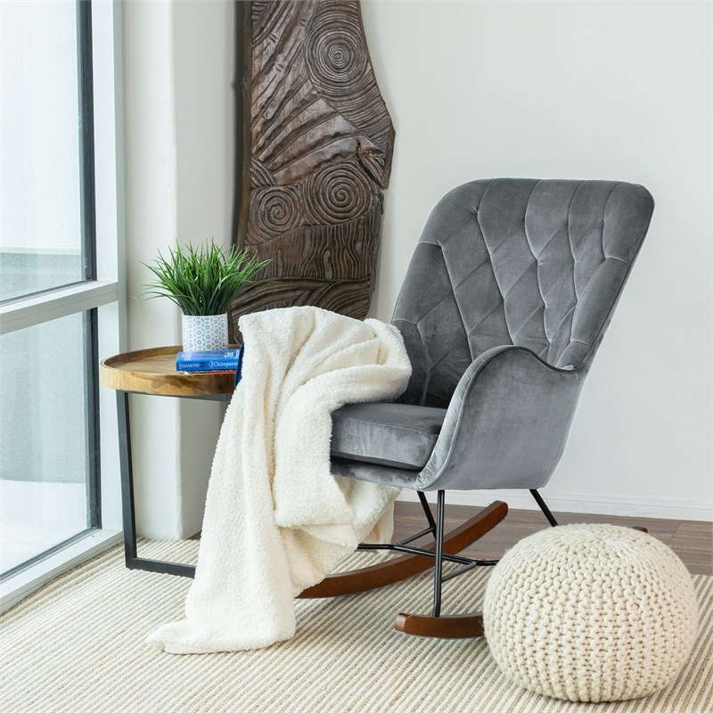 Allora Mid-Century Modern Tight Back Velvet Rocking Chair in Dark Grey