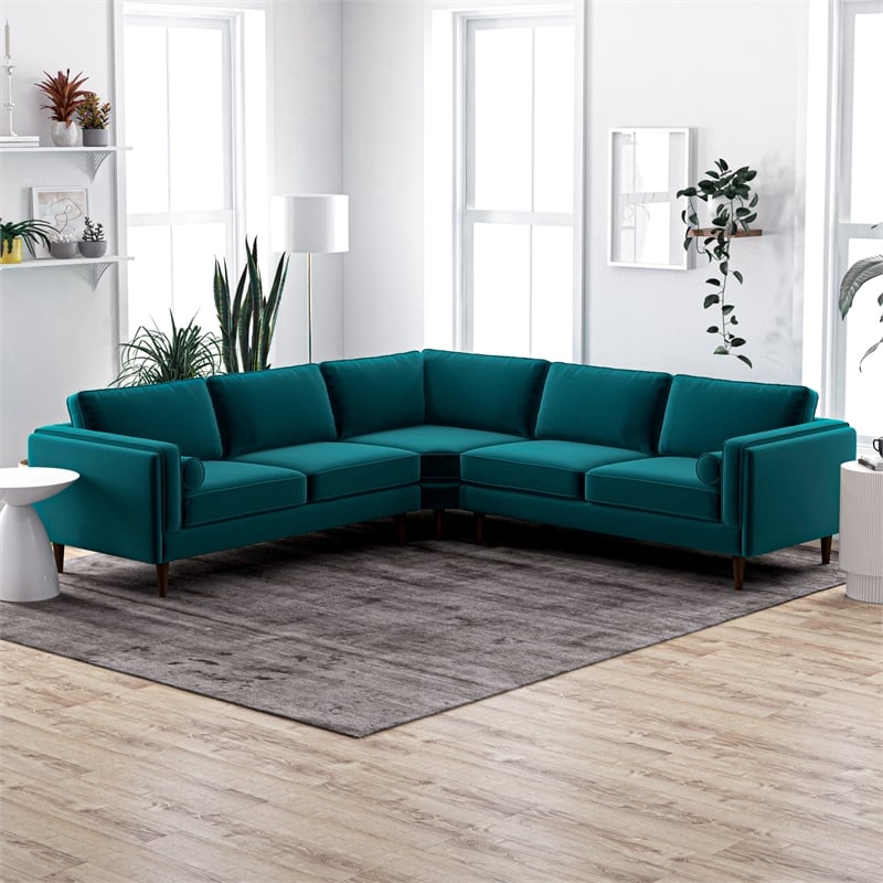 Allora Mid-Century Velvet Pillow Back Corner Sofa in Teal Turquoise
