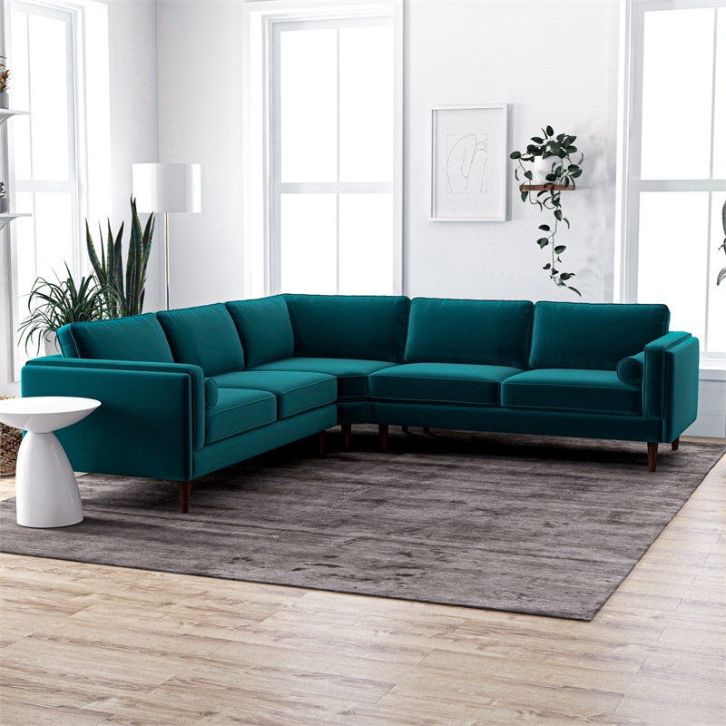 Allora Mid-Century Velvet Pillow Back Corner Sofa in Teal Turquoise