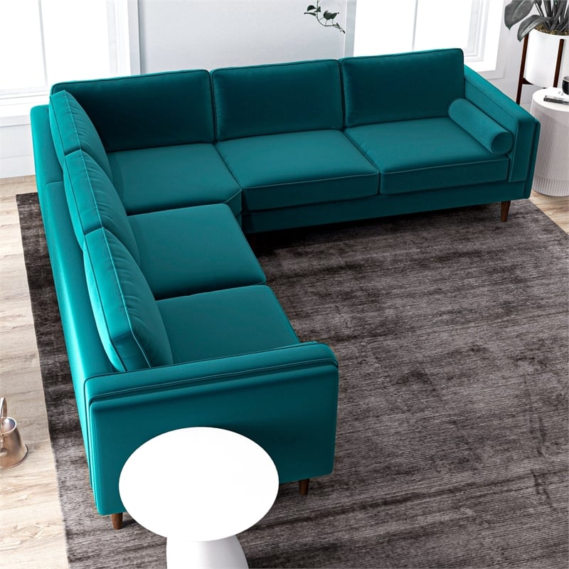 Allora Mid-Century Velvet Pillow Back Corner Sofa in Teal Turquoise