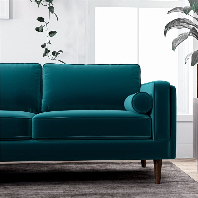 Allora Mid-Century Velvet Pillow Back Corner Sofa in Teal Turquoise