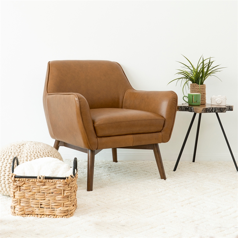 Allora Mid-Century Modern Tight Back Leather Upholstered Armchair in Tan