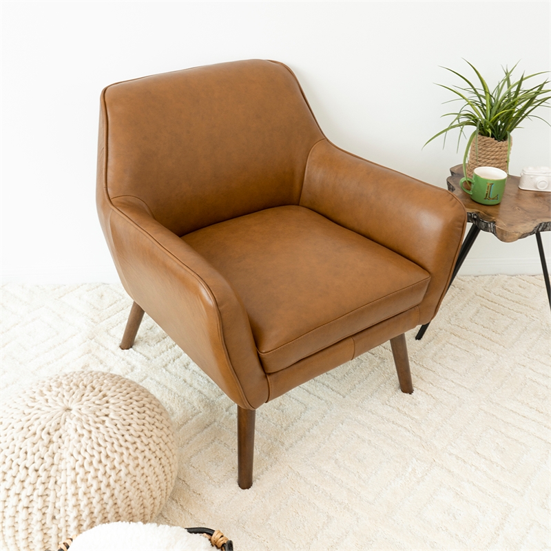 Allora Mid-Century Modern Tight Back Leather Upholstered Armchair in Tan