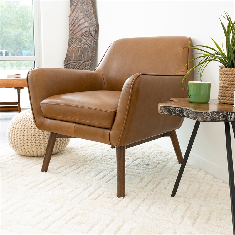 Allora Mid-Century Modern Tight Back Leather Upholstered Armchair in Tan