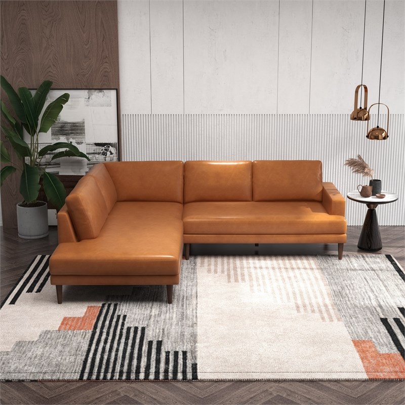 Allora Mid-Century L-Shaped Genuine Leather Left-Facing Sectional in Tan