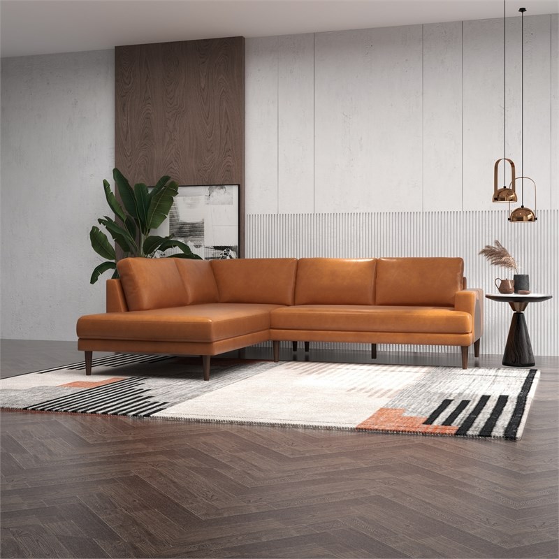 Allora Mid-Century L-Shaped Genuine Leather Left-Facing Sectional in Tan
