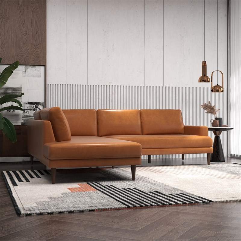 Allora Mid-Century L-Shaped Genuine Leather Left-Facing Sectional in Tan