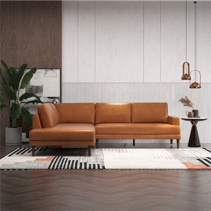 Allora Mid-Century L-Shaped Genuine Leather Left-Facing Sectional in Tan