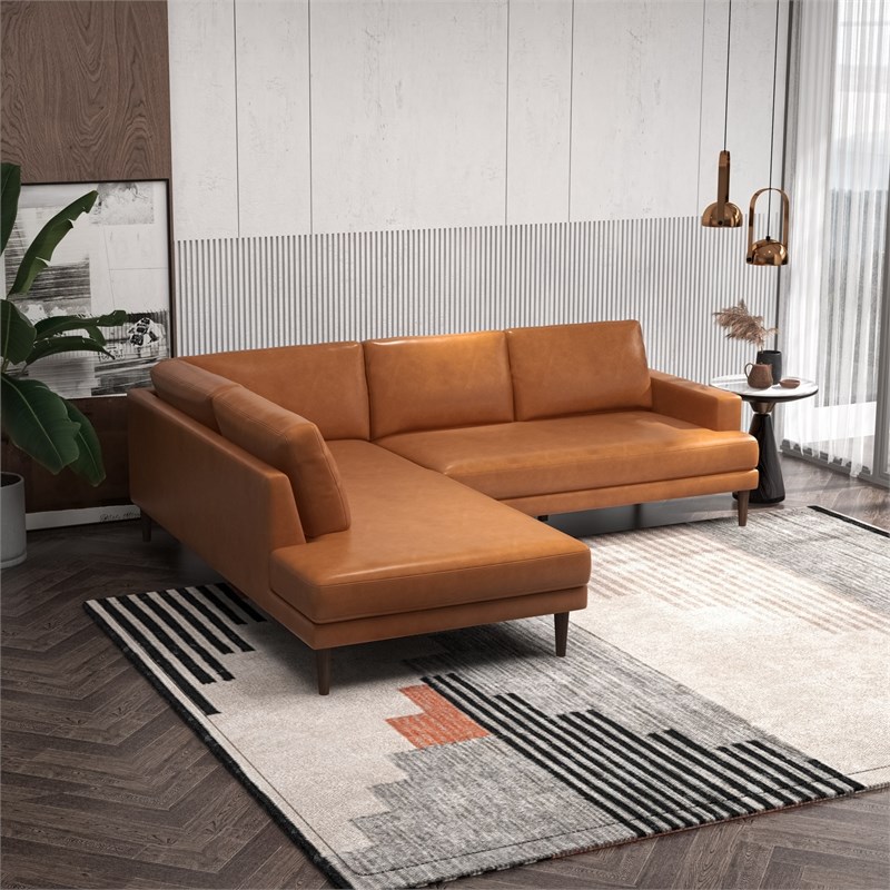 Allora Mid-Century L-Shaped Genuine Leather Left-Facing Sectional in Tan