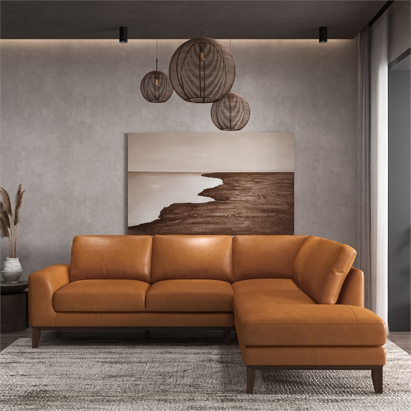 Allora Mid-Century Pillow Back Leather Right-Facing Upholstered Sectional in Tan