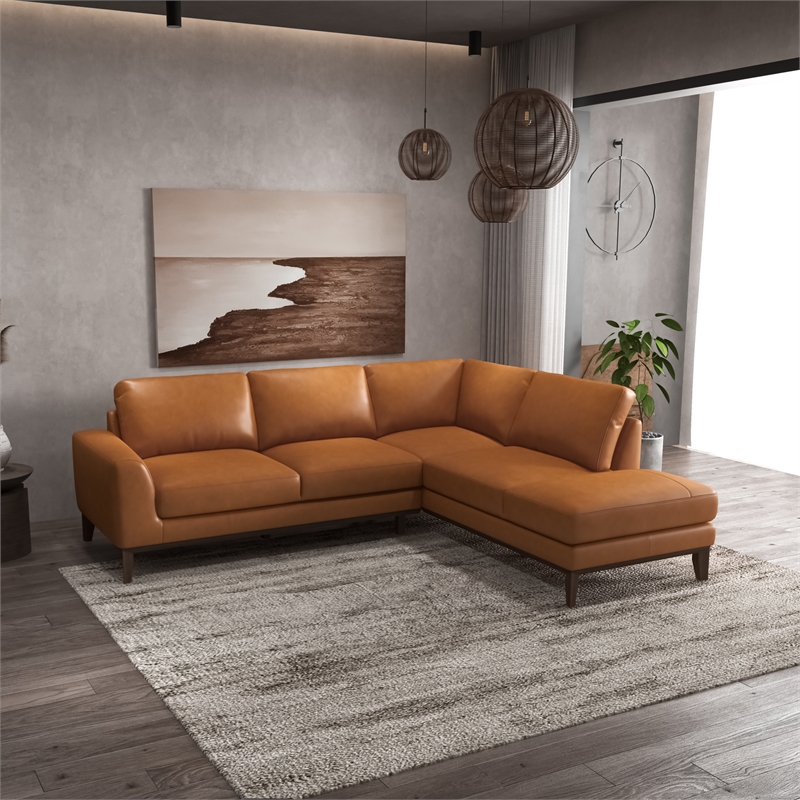 Allora Mid-Century Pillow Back Leather Right-Facing Upholstered Sectional in Tan