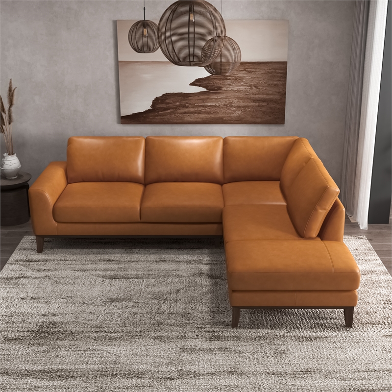Allora Mid-Century Pillow Back Leather Right-Facing Upholstered Sectional in Tan