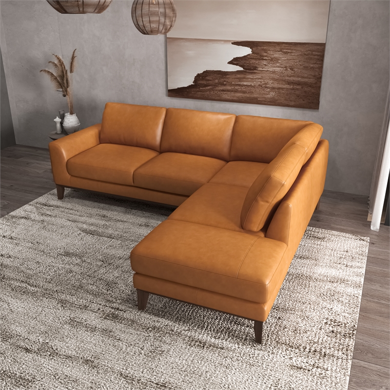 Allora Mid-Century Pillow Back Leather Right-Facing Upholstered Sectional in Tan