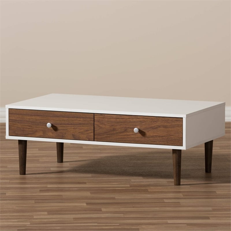 Allora Modern Wood Top Storage Coffee Table in White and Brown