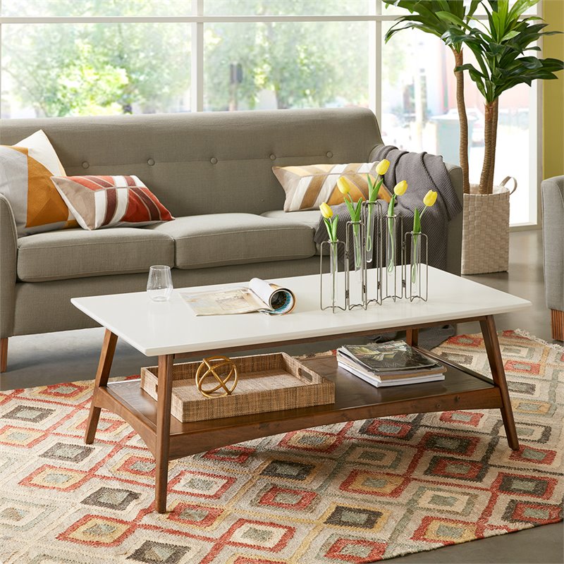 Allora Mid-Century Styled Solid Wood Coffee Table in Off White/Pecan