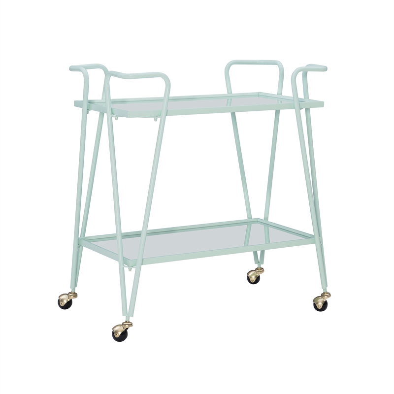 Allora Mid-Century Modern Metal and Mirorred Bar Cart in Mint Green