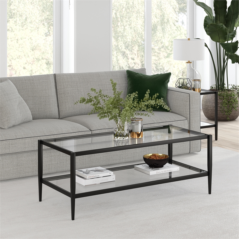 Allora Mid Century Metal Frame Coffee Table with Glass Top in Black/Bronze