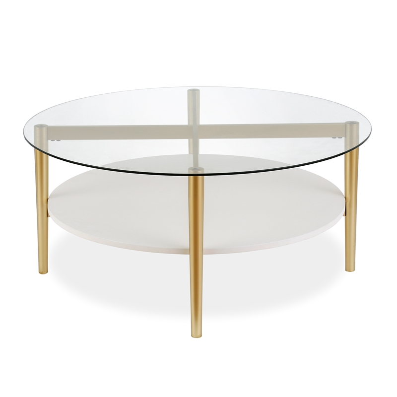 Allora Mid-Century Brass Metal Round Coffee Table with White Lacquer Shelf