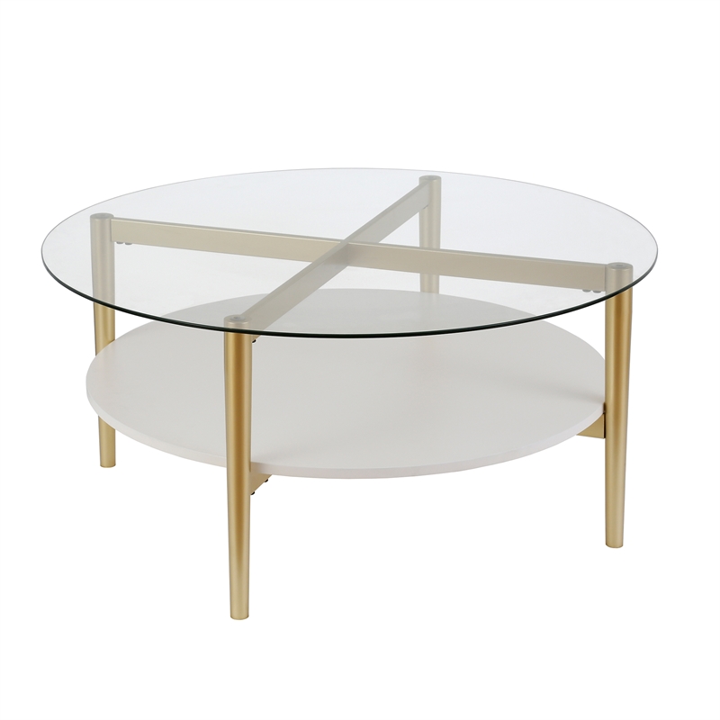 Allora Mid-Century Brass Metal Round Coffee Table with White Lacquer Shelf