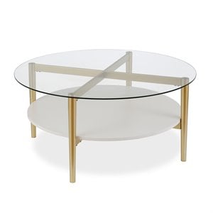 Allora Mid-Century Brass Metal Round Coffee Table with White Lacquer Shelf